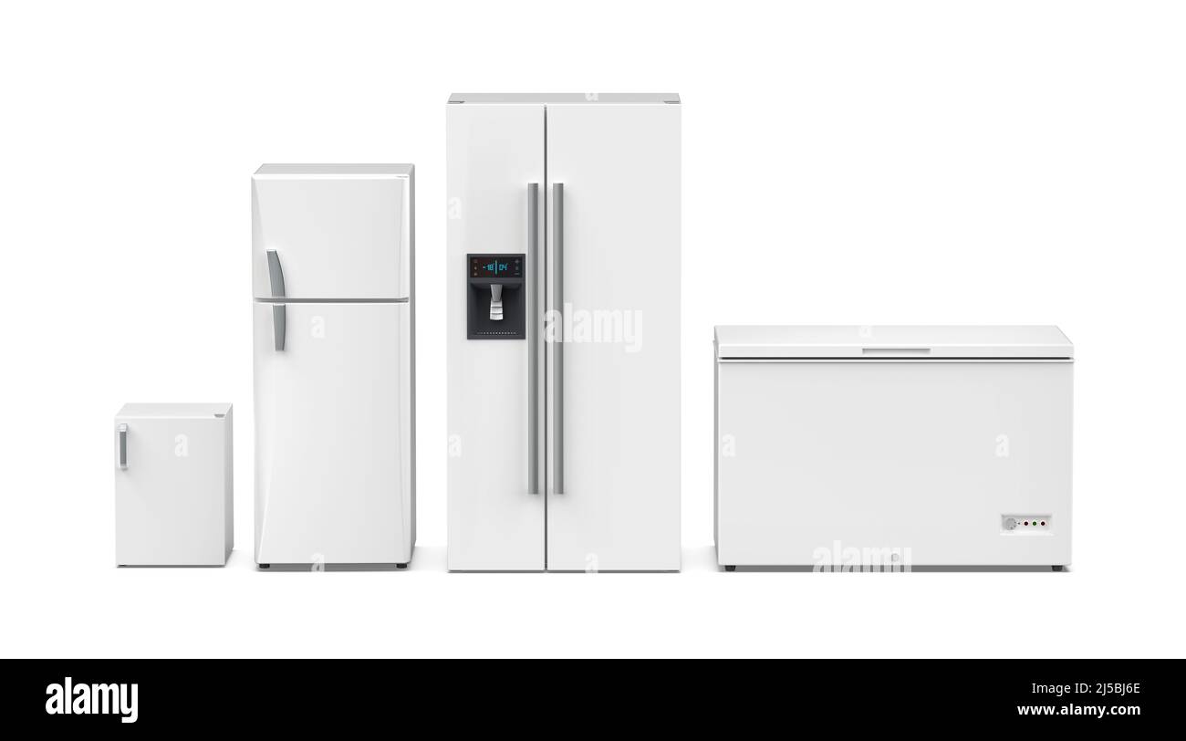 Front view of four different refrigerators on white background Stock Photo
