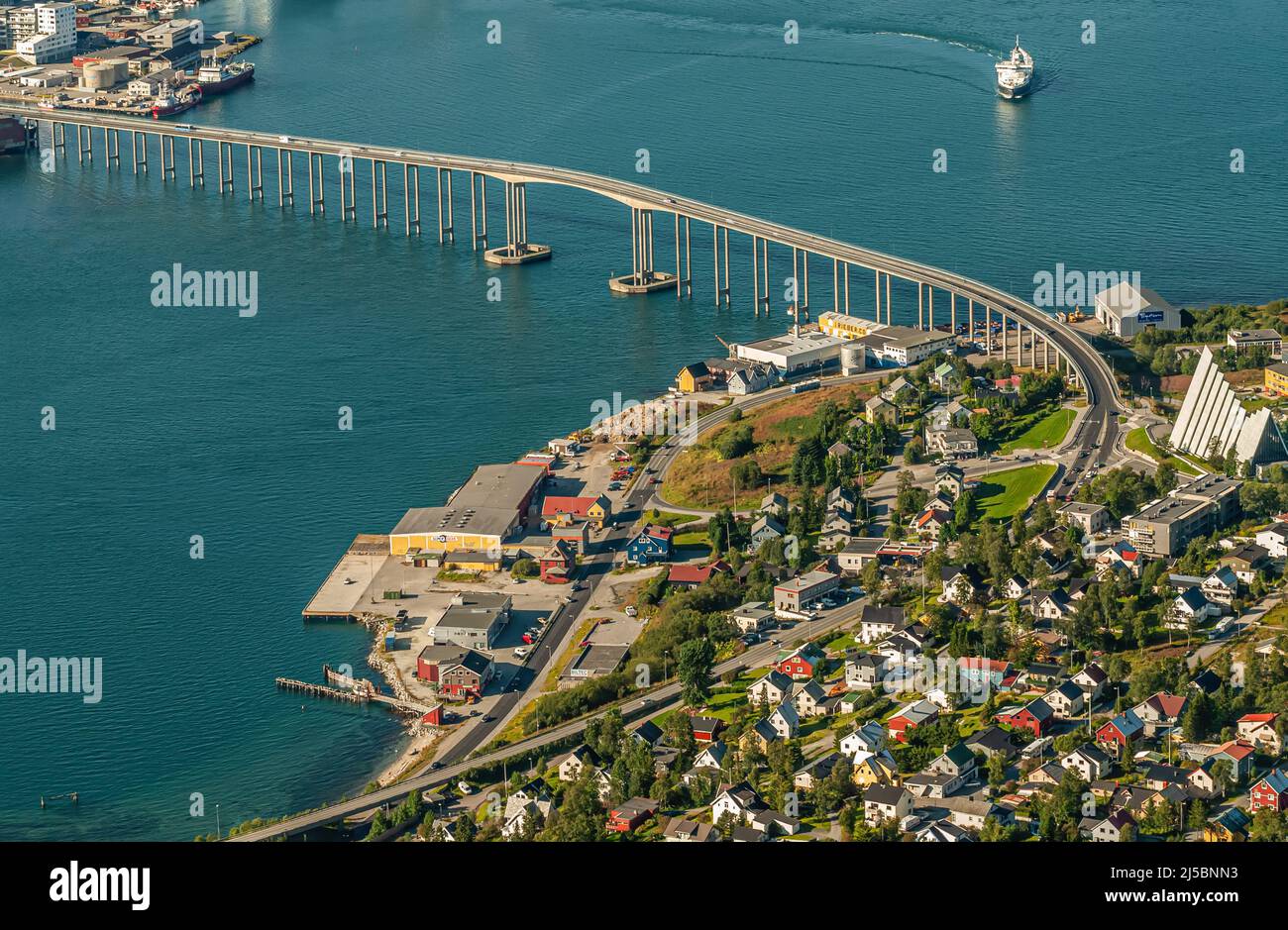Aerial view of Tromso Bridge seen from Mount Storsteinen, Norway Stock Photo