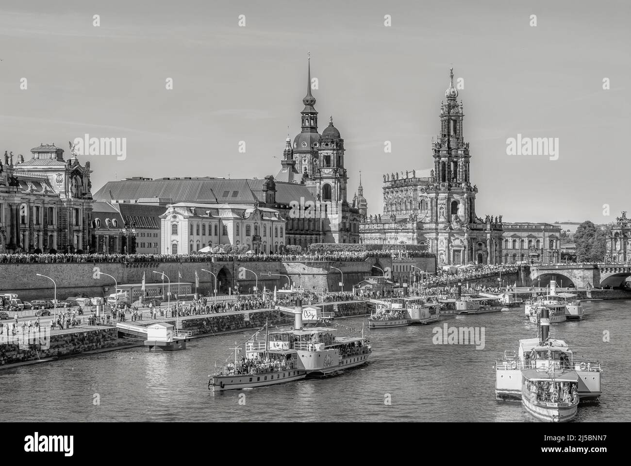 Black and White image of the annual steam ship parade on Elbe River, Dresden, Saxony, Germany Stock Photo