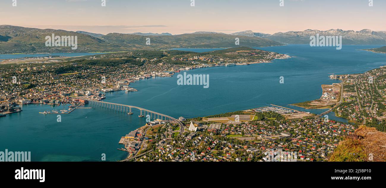 Aerial panoramic city view of Tromso City seen from Mount Storsteinen, Norway Stock Photo