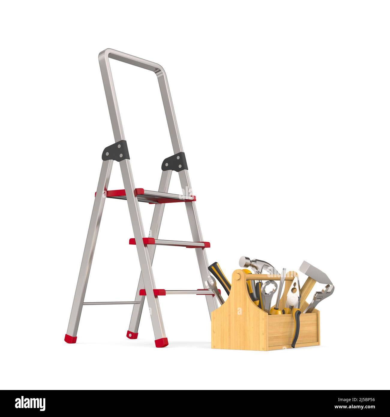ladder and toolbox with tools on white background. Isolated 3D