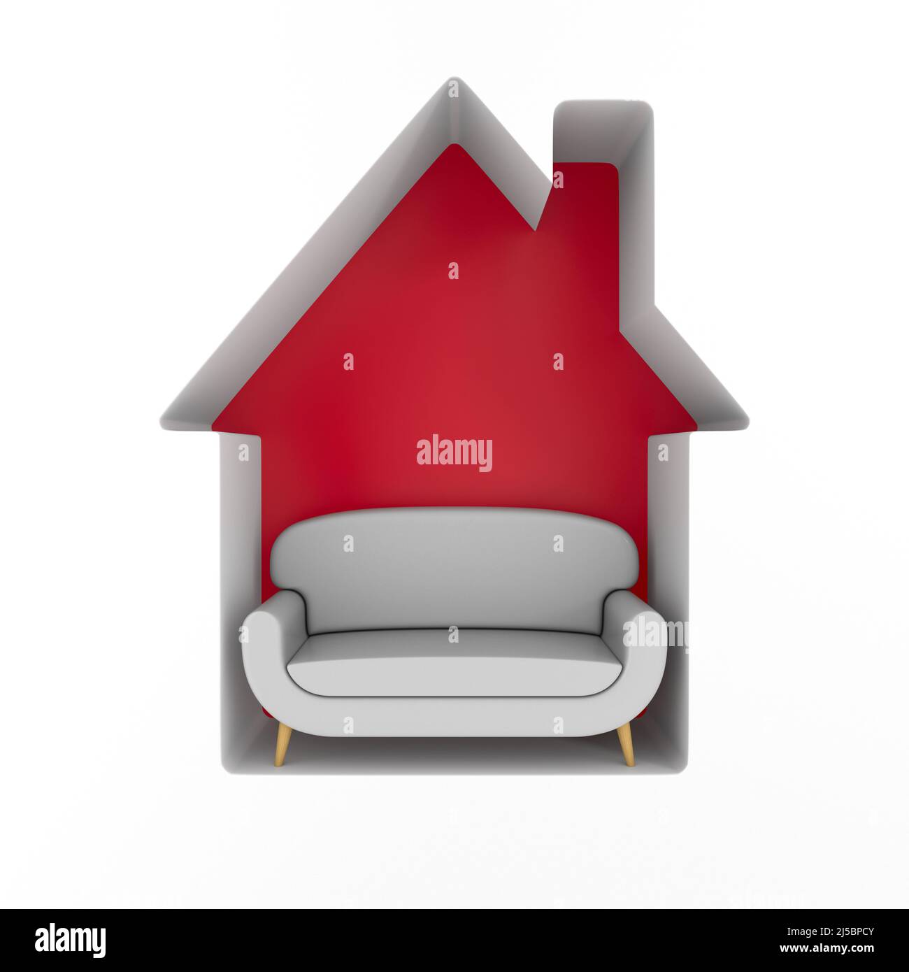 red house and leather sofa on white background. Isolated 3D illustration Stock Photo