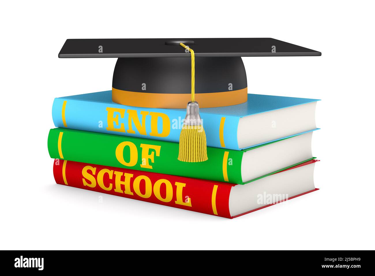 End of school. Graduation cap and pile books on white background. Isolated 3D illustration Stock Photo
