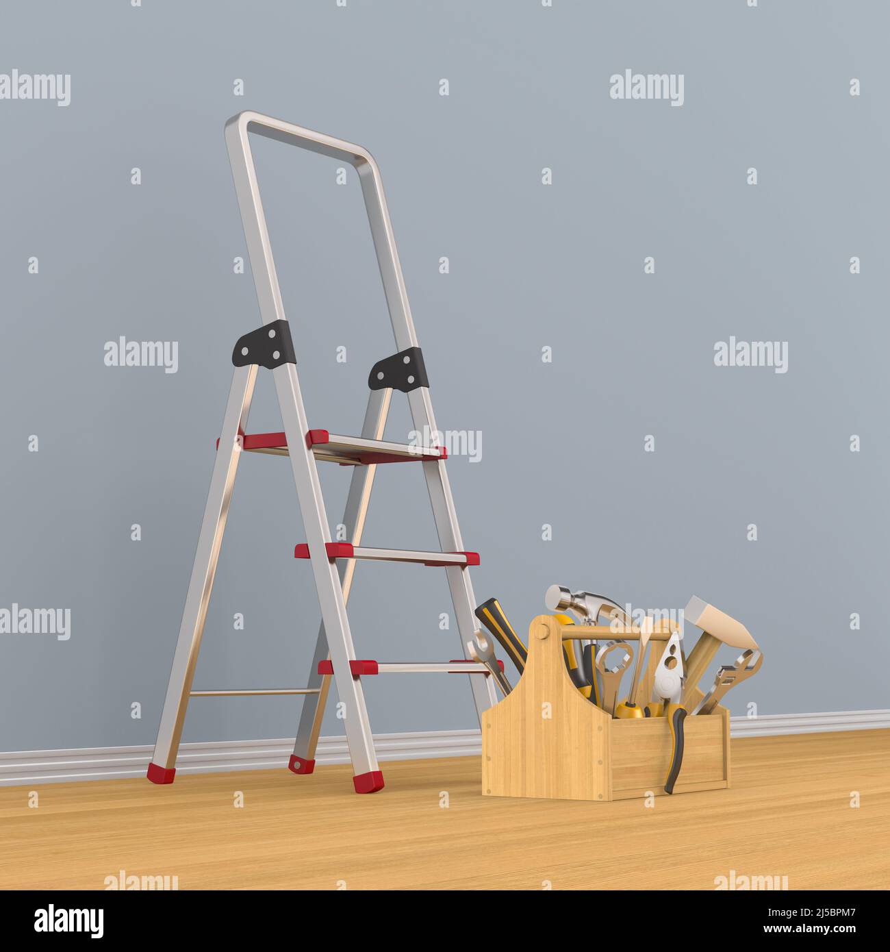 ladder and toolbox with tools in room. 3D illustration Stock Photo Alamy