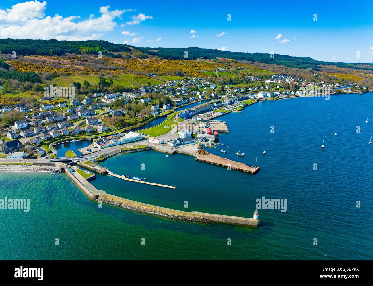 Aerial view of Ardrishaig at start of Crinan Canal on Loch Gilp in