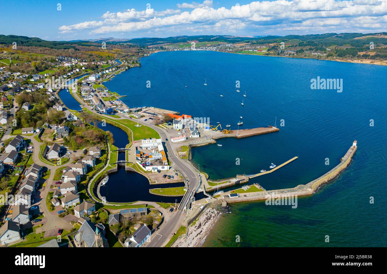 Aerial view of Ardrishaig at start of Crinan Canal on Loch Gilp in