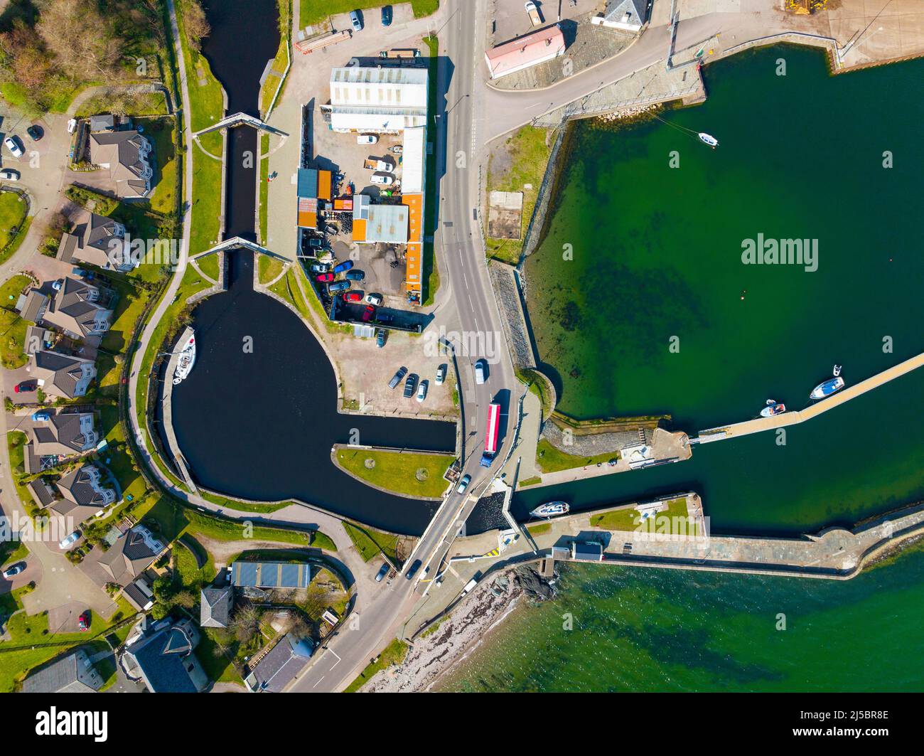 Aerial view of Ardrishaig at start of Crinan Canal on Loch Gilp in