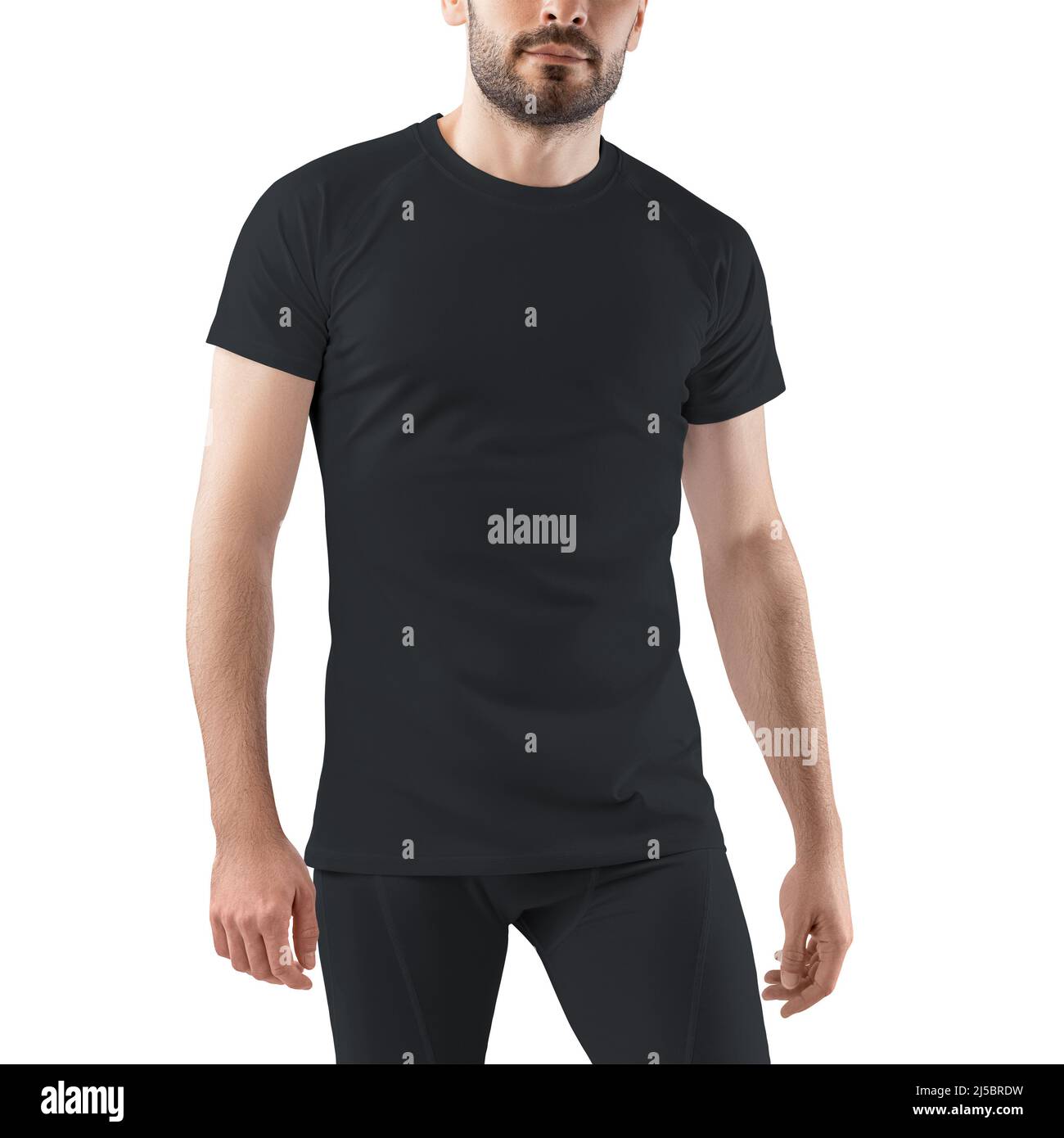Mockup of a sporty men's black t-shirt and pants set. Sportswear template isolated on white background. Stock Photo