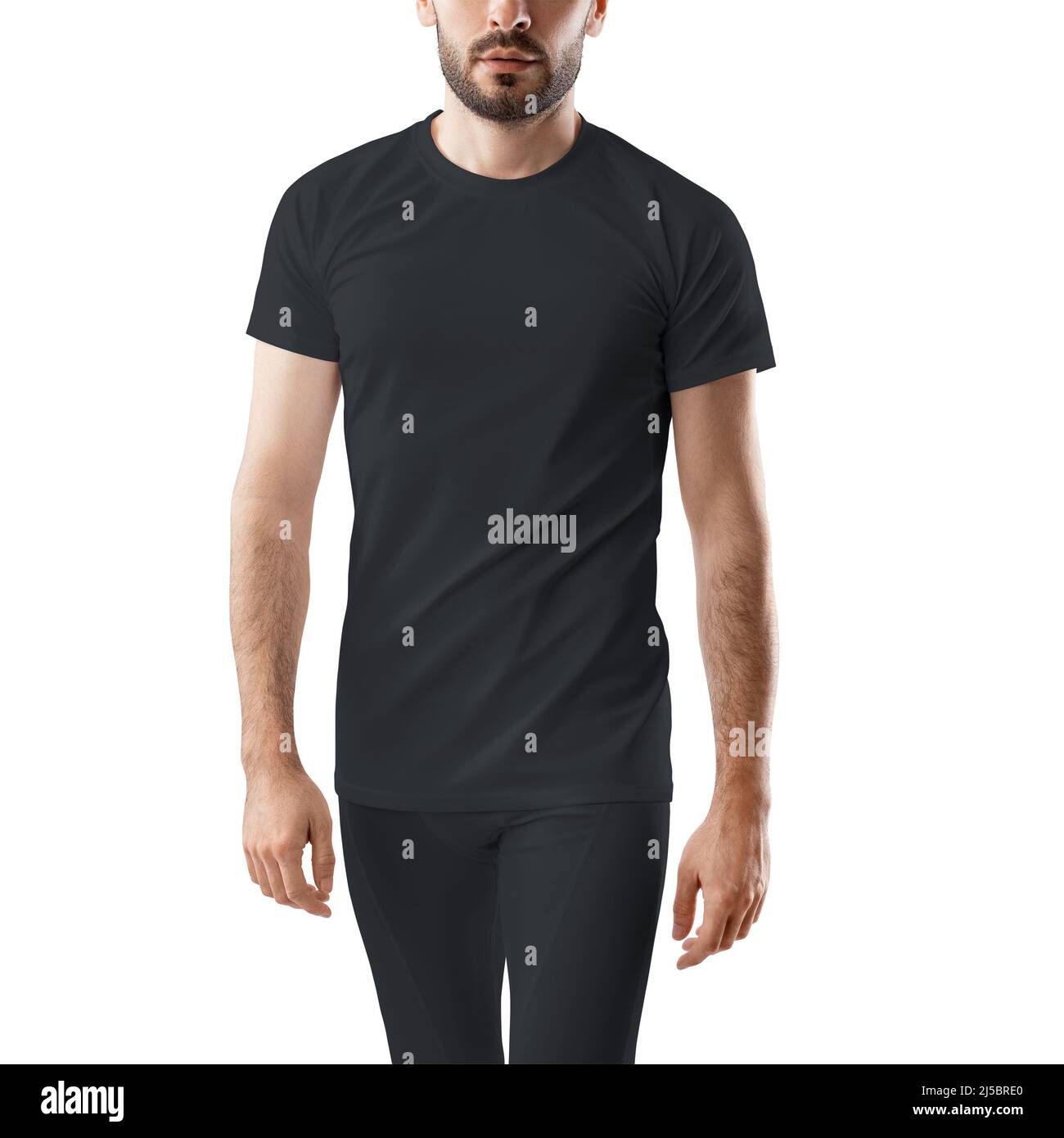 Mockup of black compression pants and  t-shirt on a sporty man with a beard, for design, pattern, front. Sports tracksuit template, isolated on backgr Stock Photo