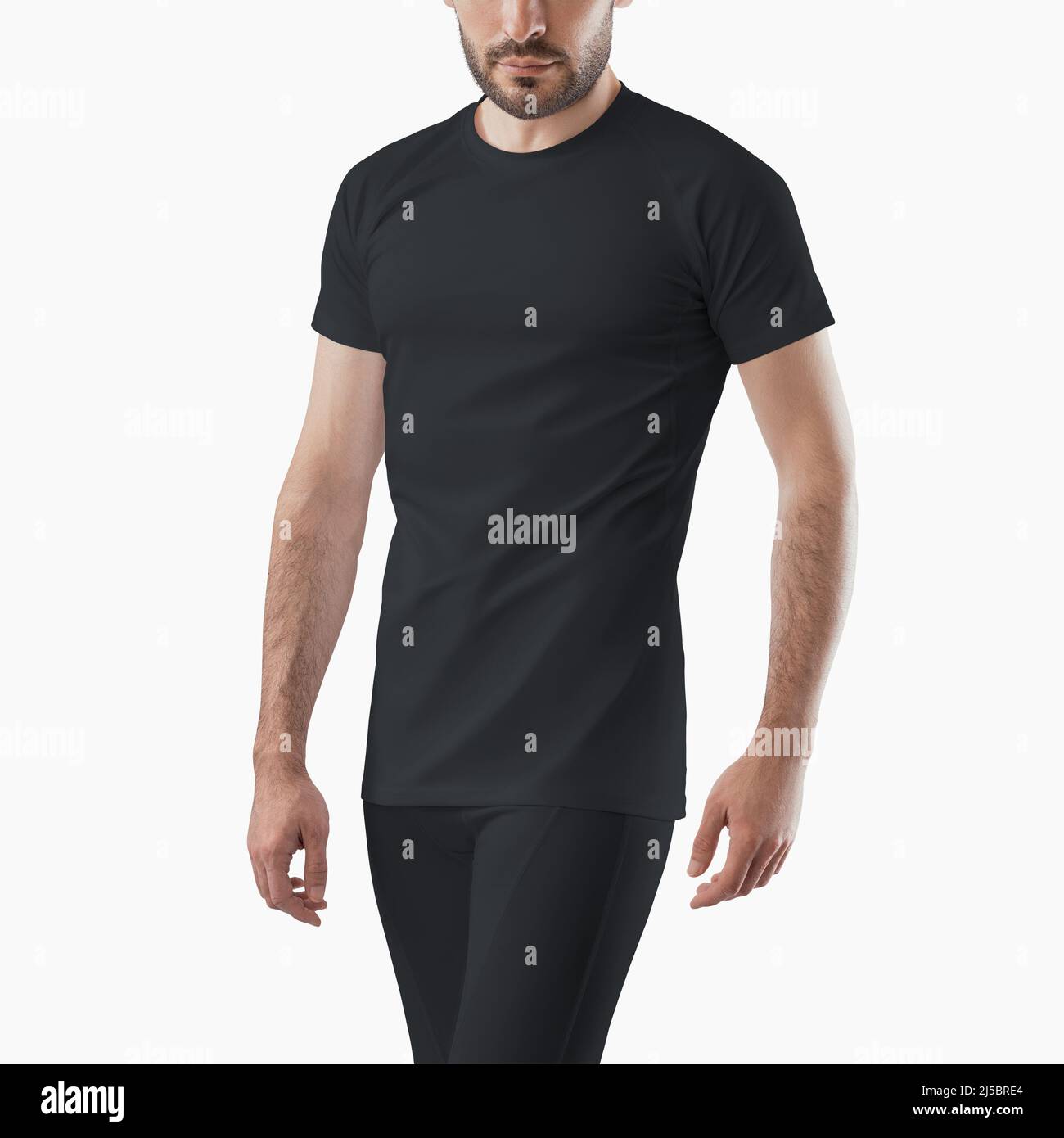Mockup of sports compression black pants and t-shirt on a man. Template of sportswear isolated on background for design presentation. Stock Photo
