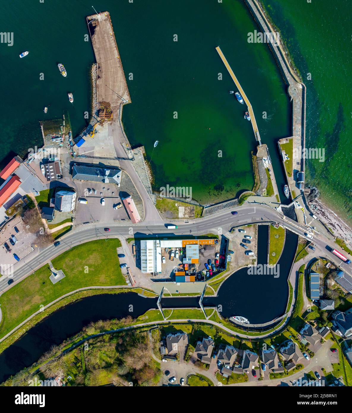 Aerial view of Ardrishaig at start of Crinan Canal on Loch Gilp in