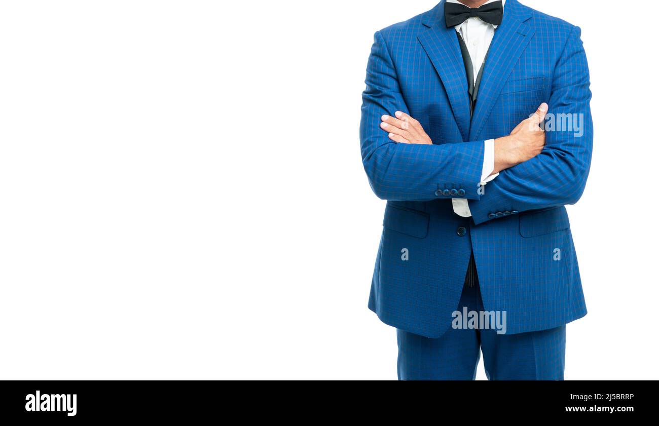 Grizzled Formal Man In Blue Tuxedo Bowtie Isolated On White Background ...