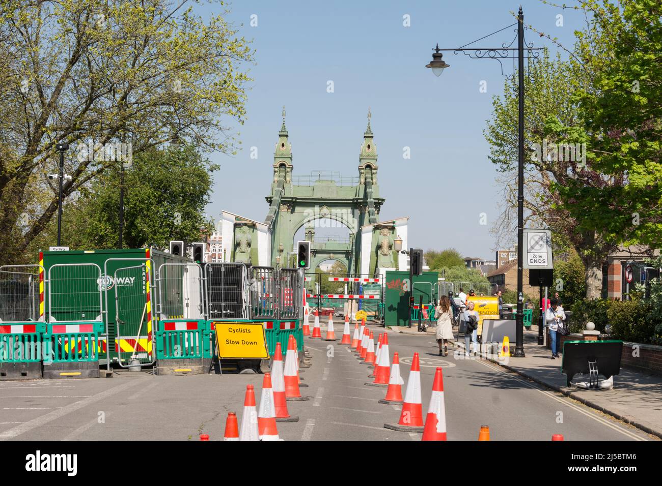 Bollards directing cyclists across Hammersmith Bridge that has now been closed for traffic for more than 2 years over safety concerns Stock Photo