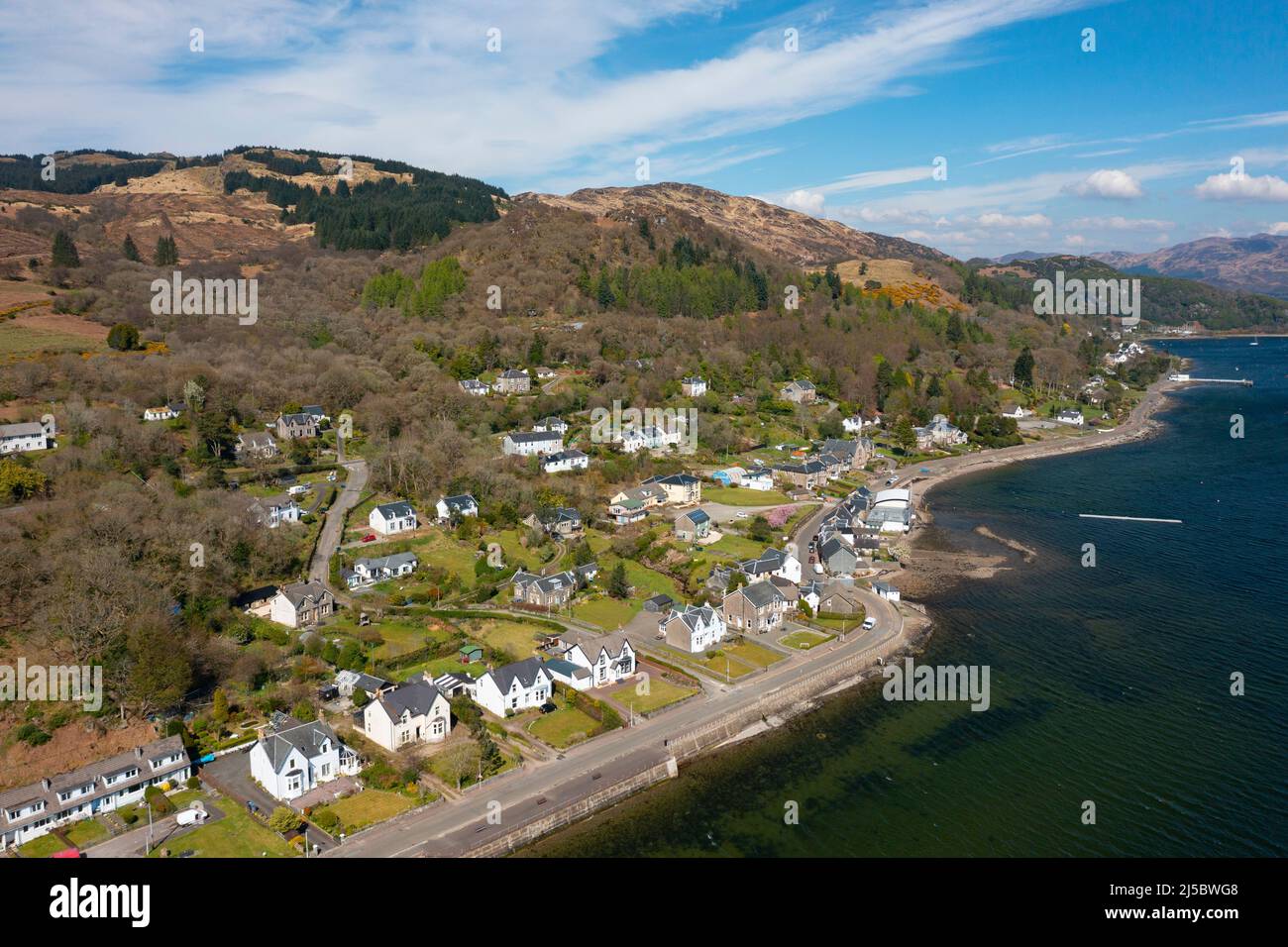 Aerial view from drone of village of Tighnabruaich on Cowal Peninsula