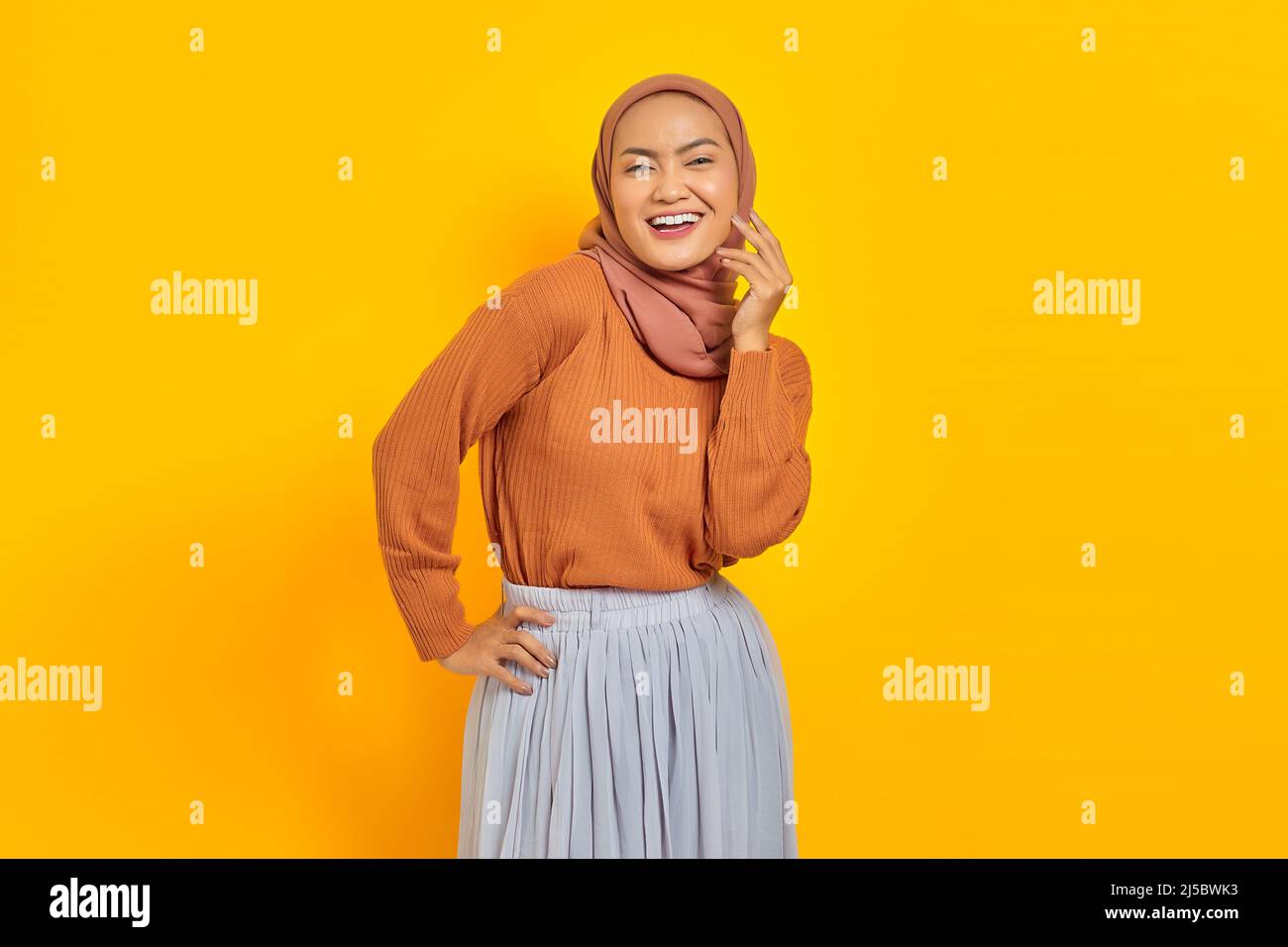 Beautiful young Asian woman in brown sweater and hijab smiling happy ...