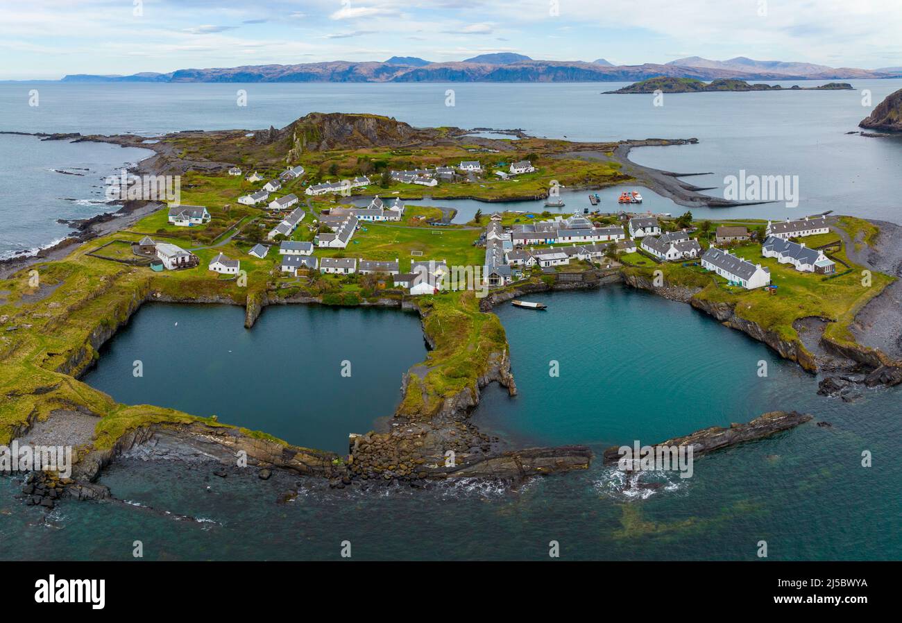 Aerial view from drone of Easdale Island one of the Slate Islands in