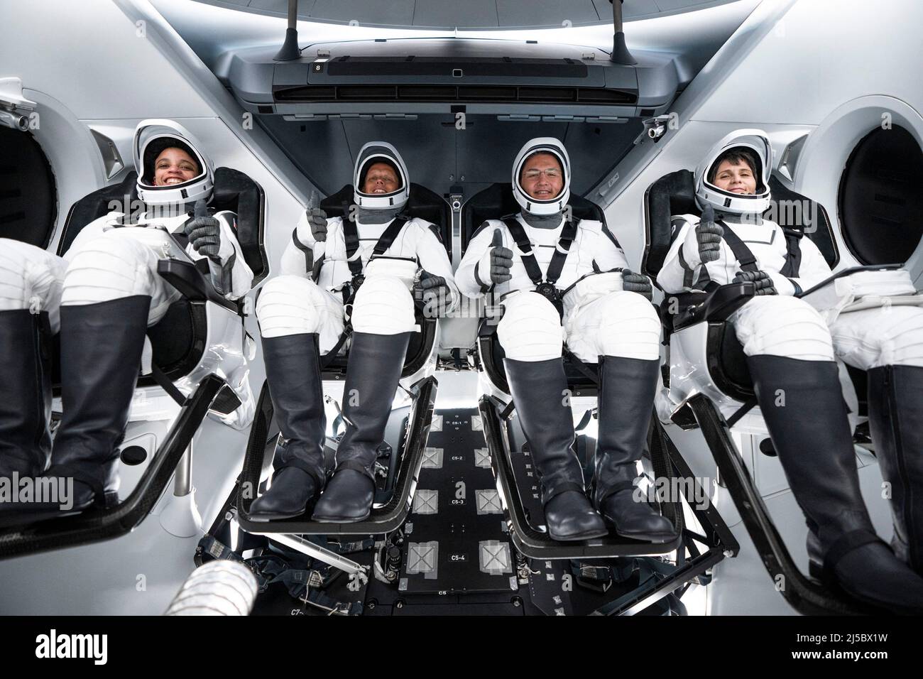 Crew-4 astronauts, from left, Jessica Watson, mission specialist; Bob Hines, pilot; Kjell Lindgren, commander and Samantha Cristoforetti, mission specialist, are positioned inside SpaceX’s Crew Dragon, named Freedom by the Crew-4 crew, during a dry dress rehearsal at Kennedy Space Center in Florida on April 20, 2022. Crew-4 will launch the astronauts to the International Space Station as part of NASA’s Commercial Crew Program. Liftoff is targeted for 5:26 a.m. EDT on Saturday, April 23, 2022, from Launch Complex 39A at Kennedy. Photo by SpaceX via CNP/ABACAPRESS.COM Stock Photo