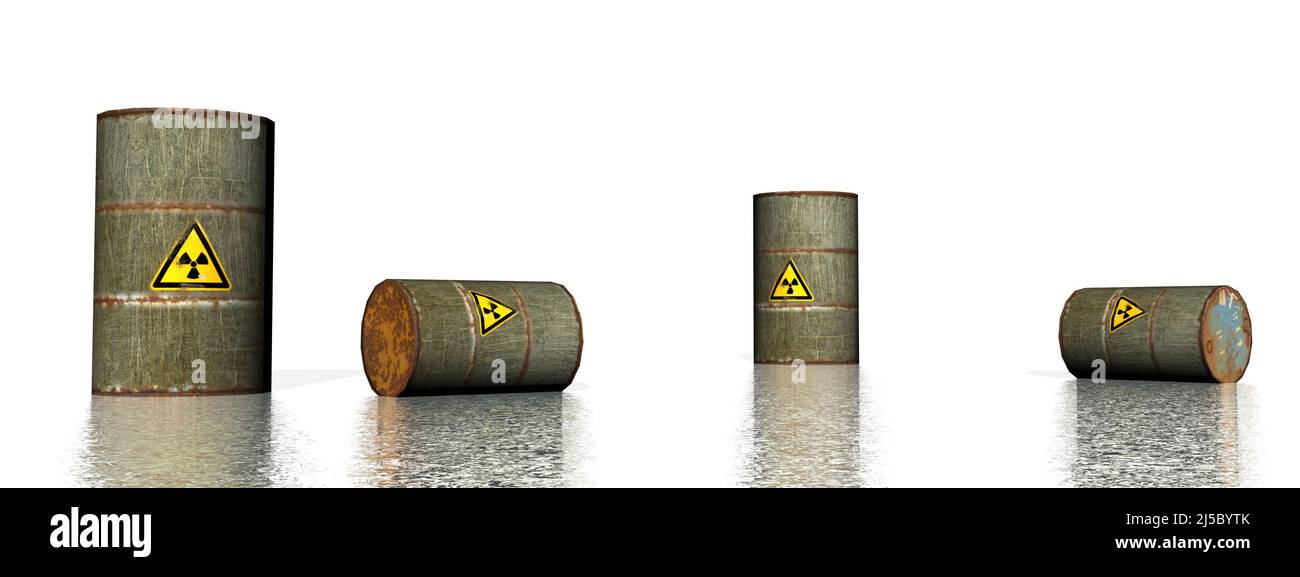 Four grey metallic toxic logo barrels - 3D render Stock Photo