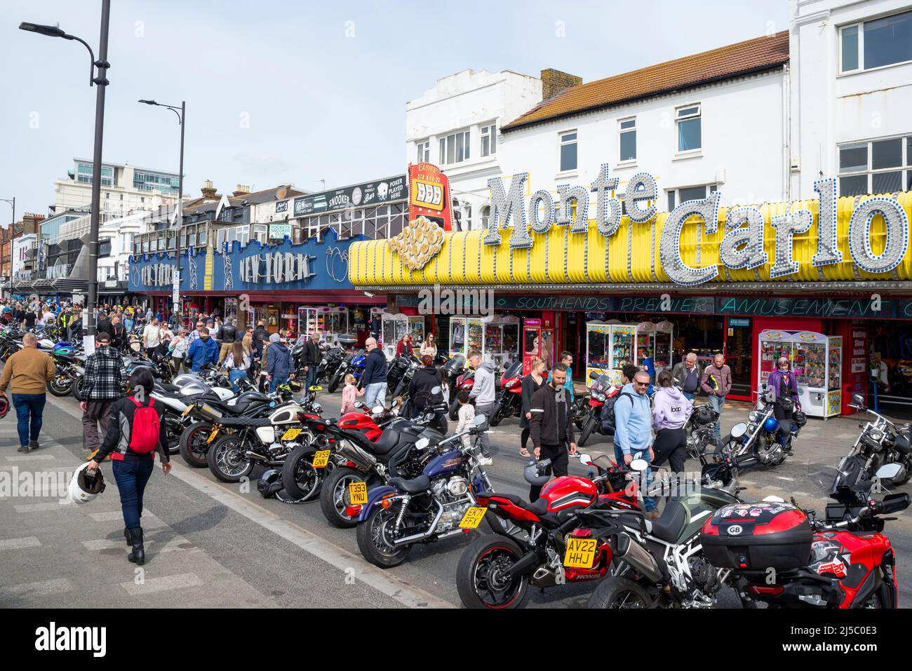 Southend Shakedown 2022 motorcycle gathering in Southend on Sea, Essex, UK. Rows of motorbikes lined up outside seafront amusement arcades Stock Photo