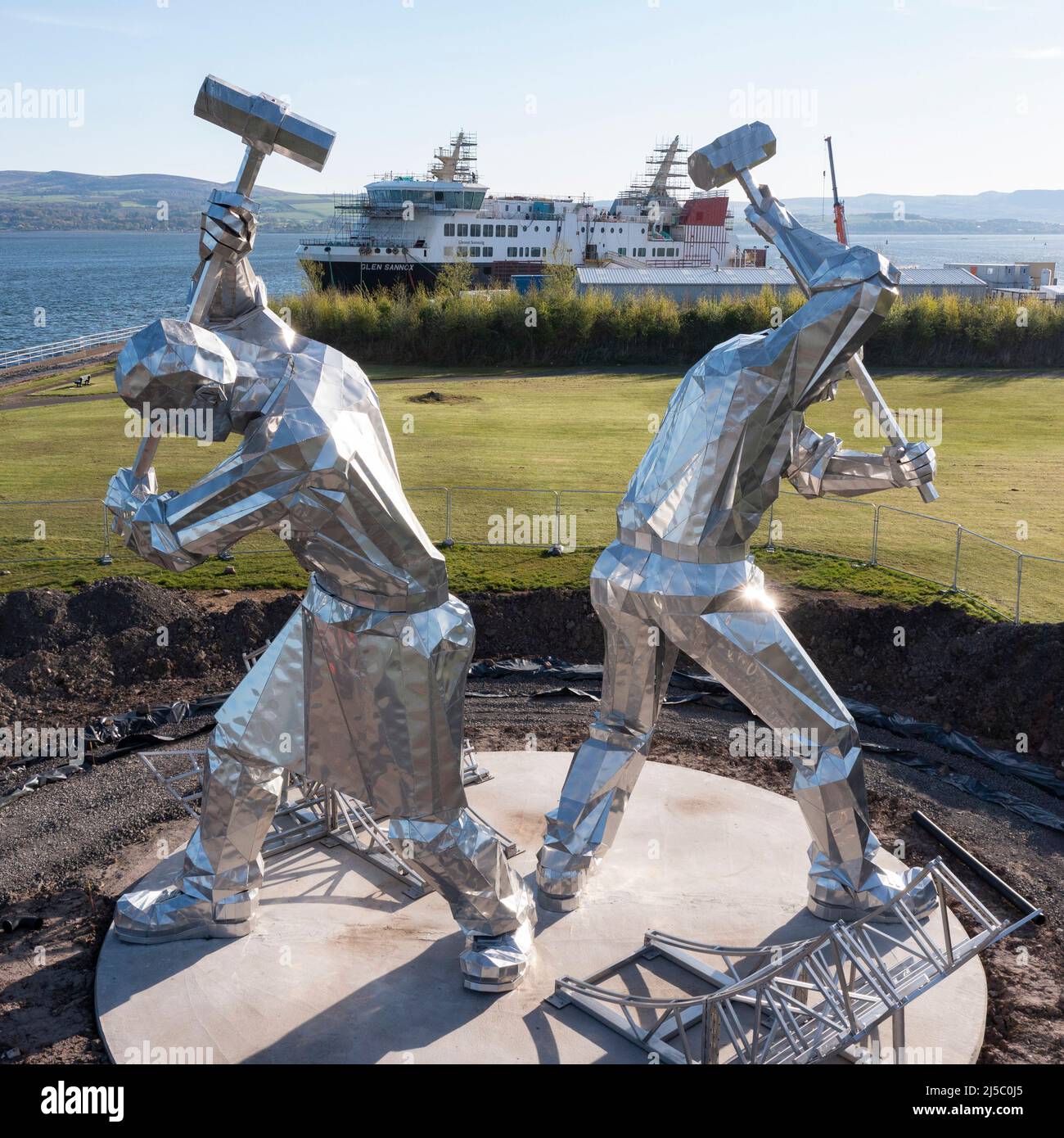 Greenock, Scotland, UK. 22nd Apr, 2022. PICTURED: Glen Sannox ferry which lies in the still under fabrication, late and over budget amid new controversy over payments and procurement processes. Aerial drone views of the Ferguson Marine Ship Yard in Greenock showing the Glen Sannox ferry. Credit: Colin Fisher/Alamy Live News Stock Photo