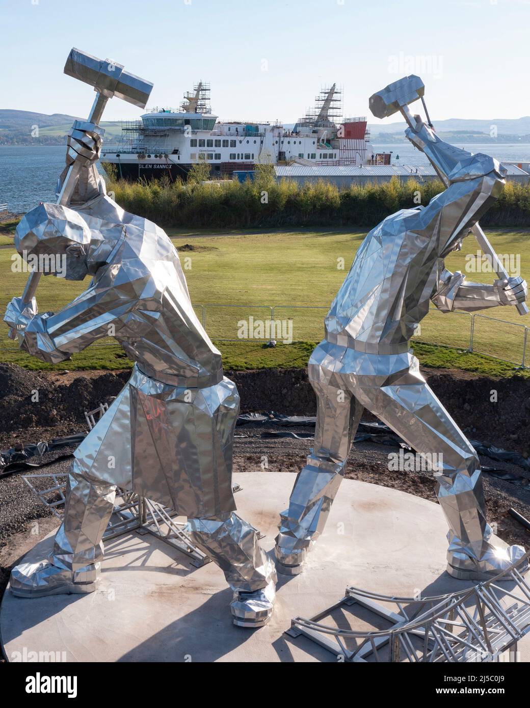 Greenock, Scotland, UK. 22nd Apr, 2022. PICTURED: Glen Sannox ferry which lies in the still under fabrication, late and over budget amid new controversy over payments and procurement processes. Aerial drone views of the Ferguson Marine Ship Yard in Greenock showing the Glen Sannox ferry. Credit: Colin Fisher/Alamy Live News Stock Photo