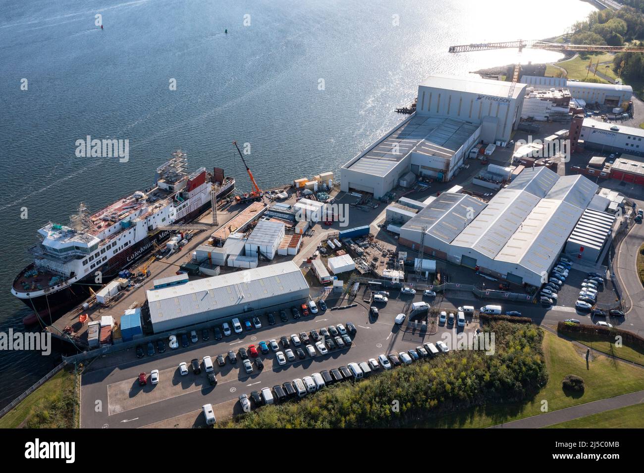 Greenock, Scotland, UK. 22nd Apr, 2022. PICTURED: Glen Sannox ferry which lies in the still under fabrication, late and over budget amid new controversy over payments and procurement processes. Aerial drone views of the Ferguson Marine Ship Yard in Greenock showing the Glen Sannox ferry. Credit: Colin Fisher/Alamy Live News Stock Photo