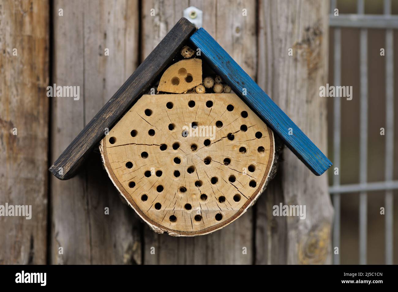 An insect hotel (bee hotel) made of drilled wood Stock Photo