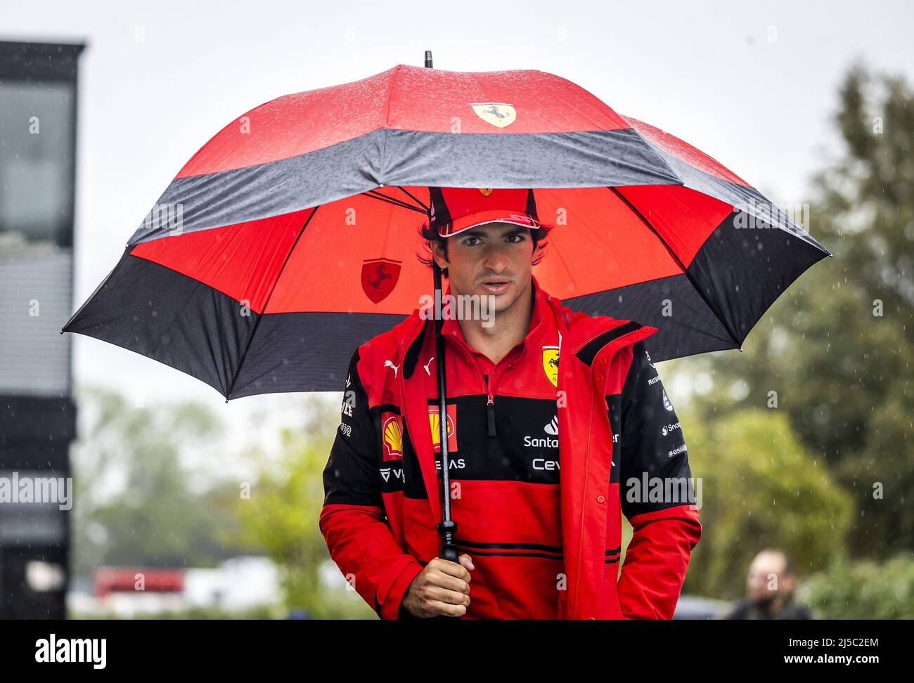 The Hague, Netherlands. 22nd Apr, 2022. 22nd April 2022. IMOLA - Carlos Sainz (Ferrari) arriving at the track ahead of the 1st free practice session of the Emilia Romagna F1 Grand Prix at Autodromo Enzo e Dino Ferrari. REMKO DE WAAL Credit: ANP/Alamy Live News Credit: ANP/Alamy Live News Stock Photo