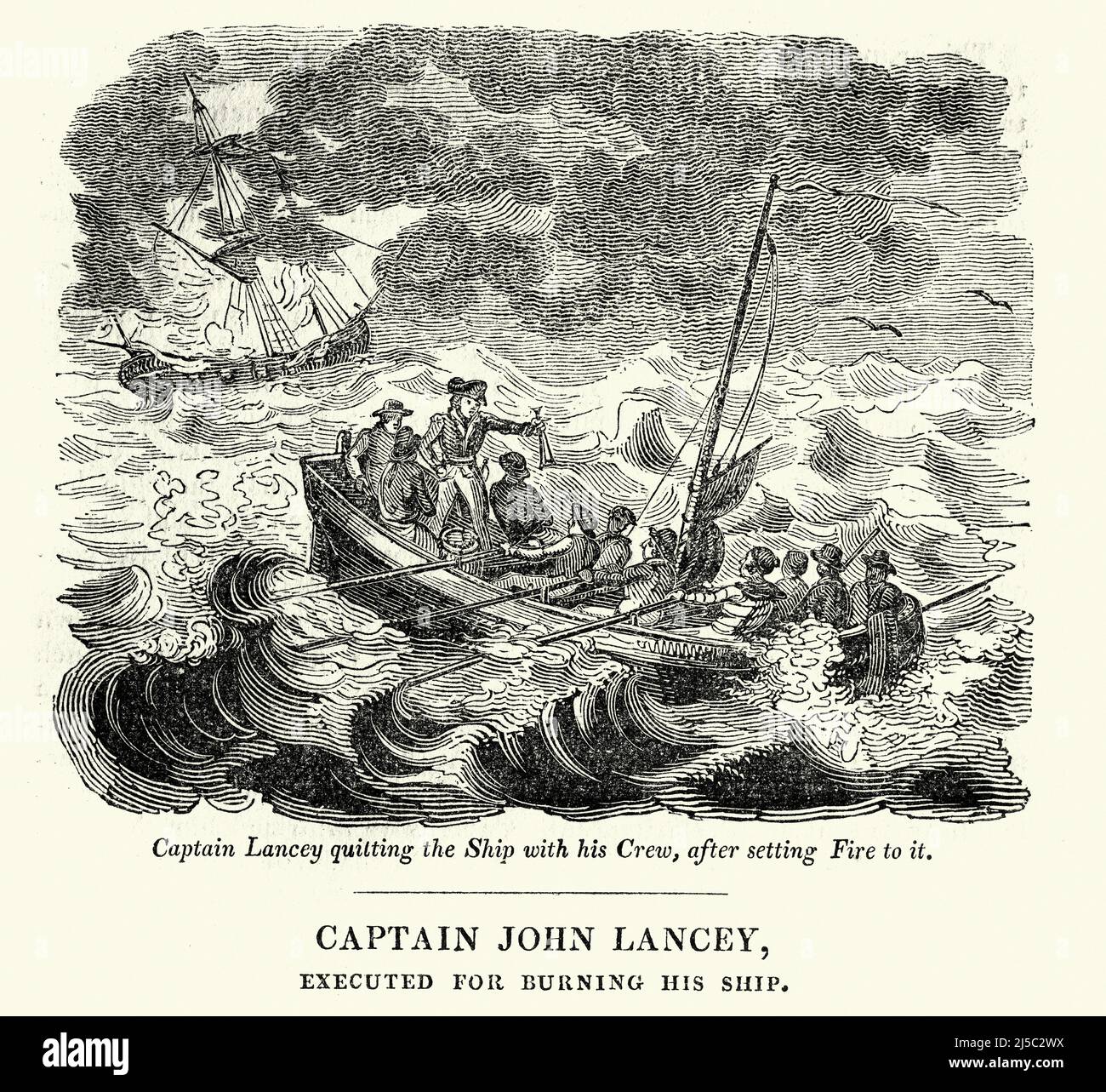 Vintage illustration, Scene from The Newgate Calendar, Captain John Lancey. Executed 7 Jun 1754, for burning his ship Stock Photo