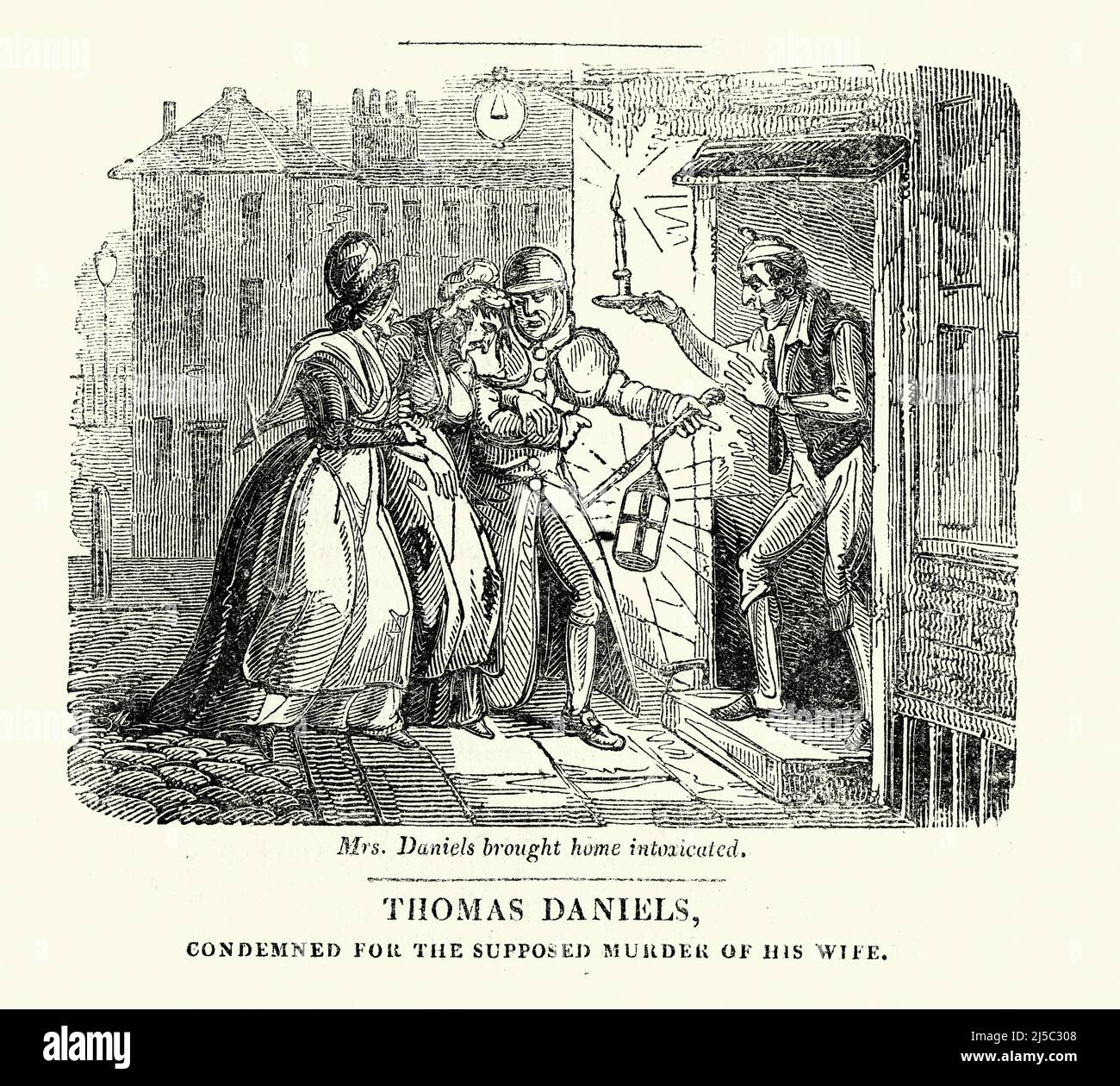 Vintage illustration, Scene from The Newgate Calendar, Thomas Daniels, Condemned for the supposed Murder of his wife but subsequently pardoned, 1761. Stock Photo