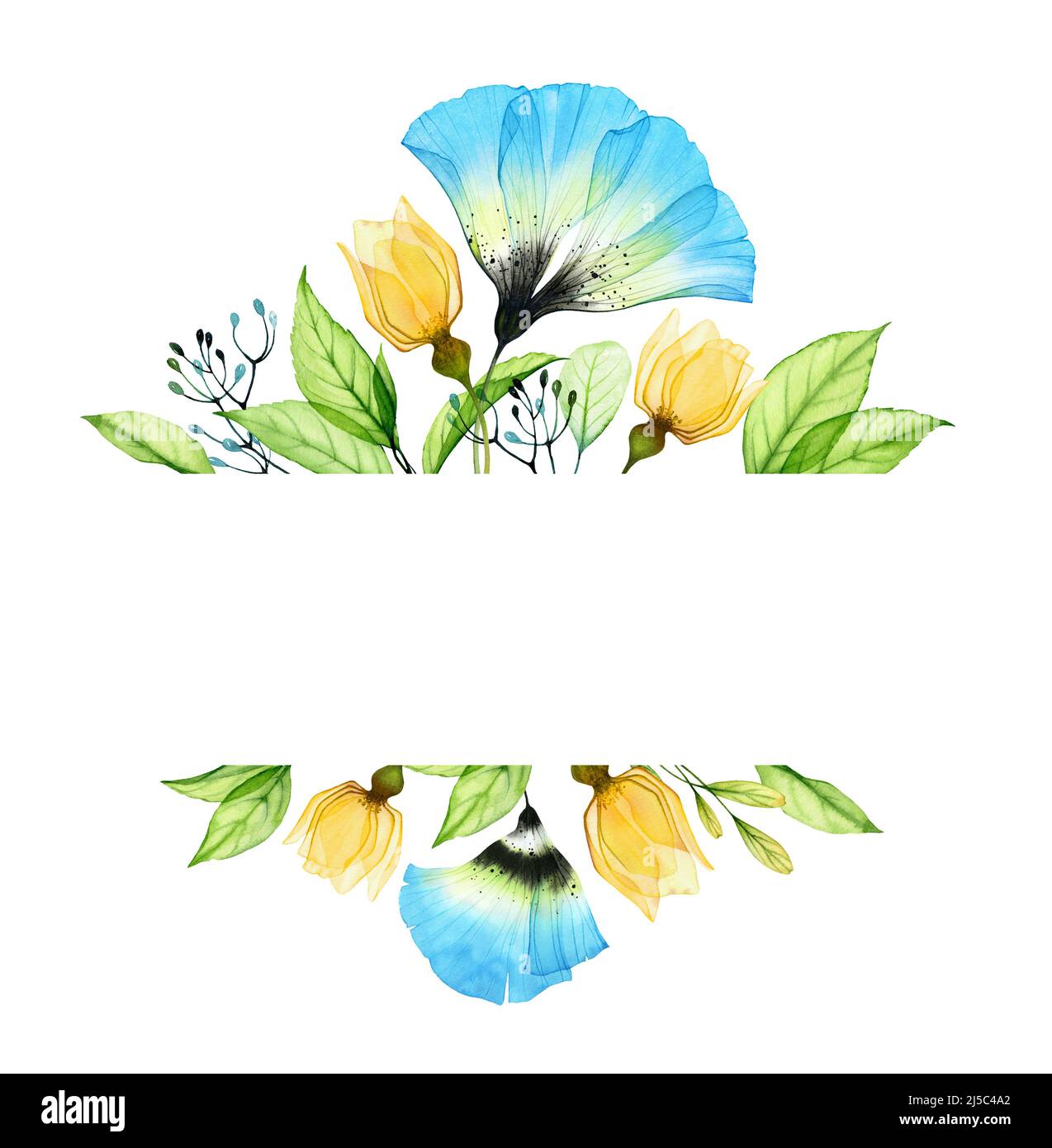 Watercolor floral composition with yellow roses and blue anemone. Abstract banner with Ukrainian flowers and leaves. Place for custom text. Hand Stock Photo