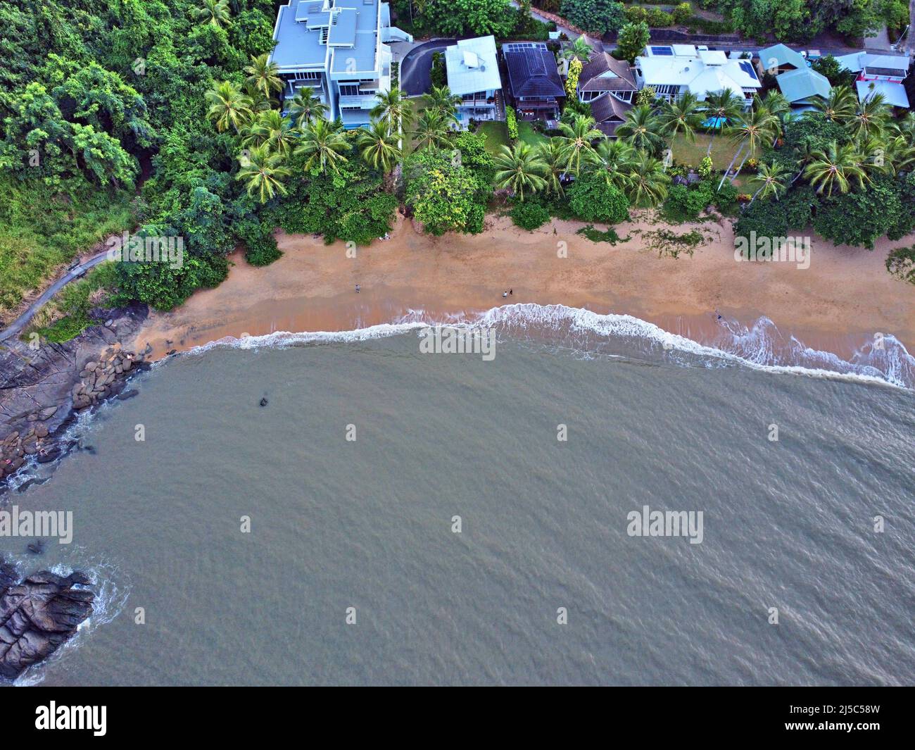 Downward shot of beach front houses at Trinity Stock Photo