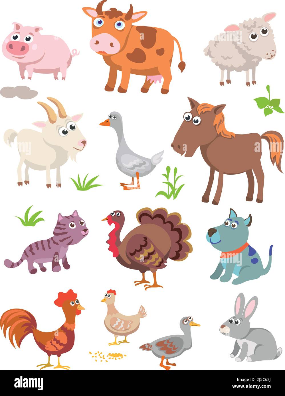 funny village animals, pattern, various poses and situations, drawing, vector, images, cartoon Stock Vector