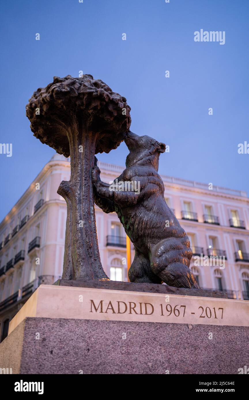 The Statue Of The Bear And The Strawberry Tree At Sunset In Puerta Del Sol Madrid Spain Stock