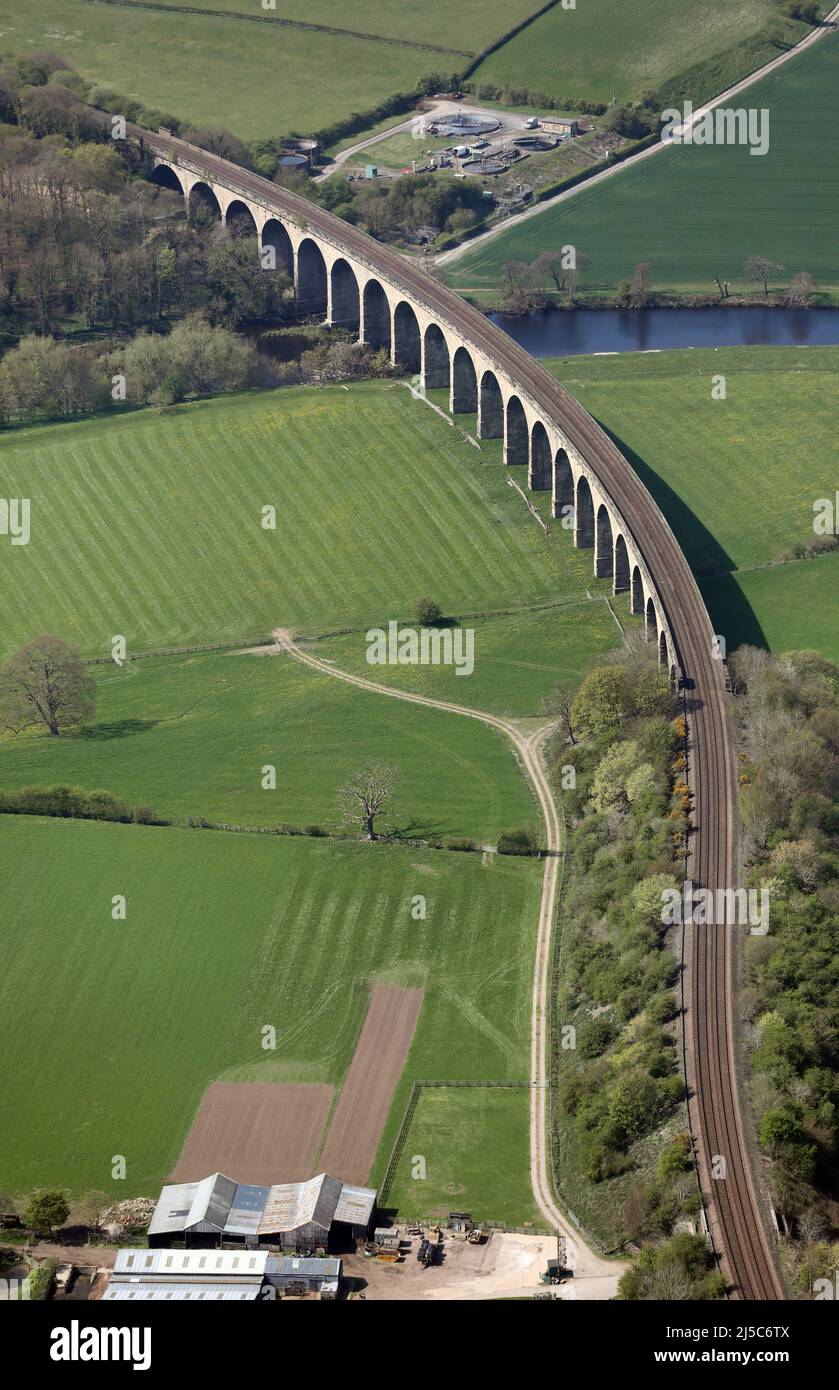 aerial view of Arthington Viaduct, a railway bridge over the River Wharfe at Arthington near Otley, Yorkshire Stock Photo