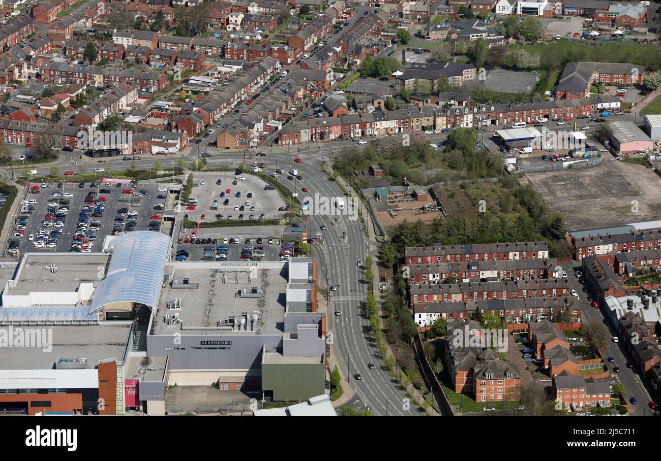 aerial view looking north up Marsh Way A61 road in Wakefield, West Yorkshire, where it meets the A642, site of cleared former gas site prominent Stock Photo