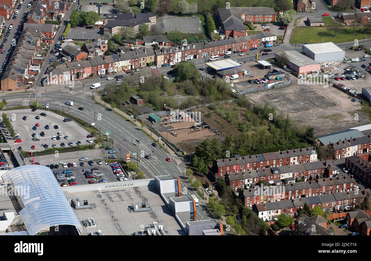 aerial view looking north up Marsh Way A61 road in Wakefield, West Yorkshire, where it meets the A642, site of cleared former gas site prominent Stock Photo