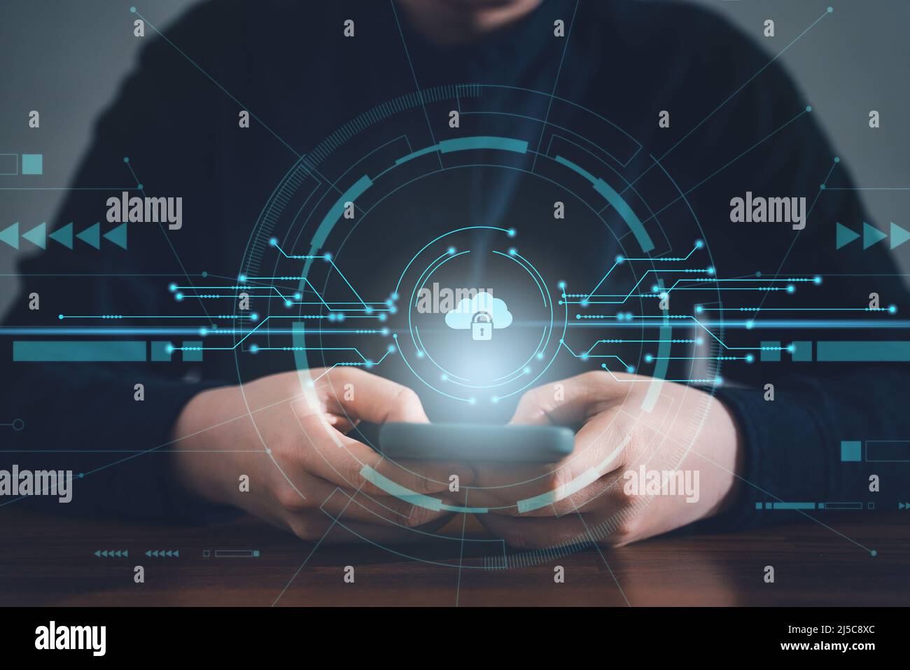 Woman using mobile smart phone technology with data security and internet connection design concept. Stock Photo