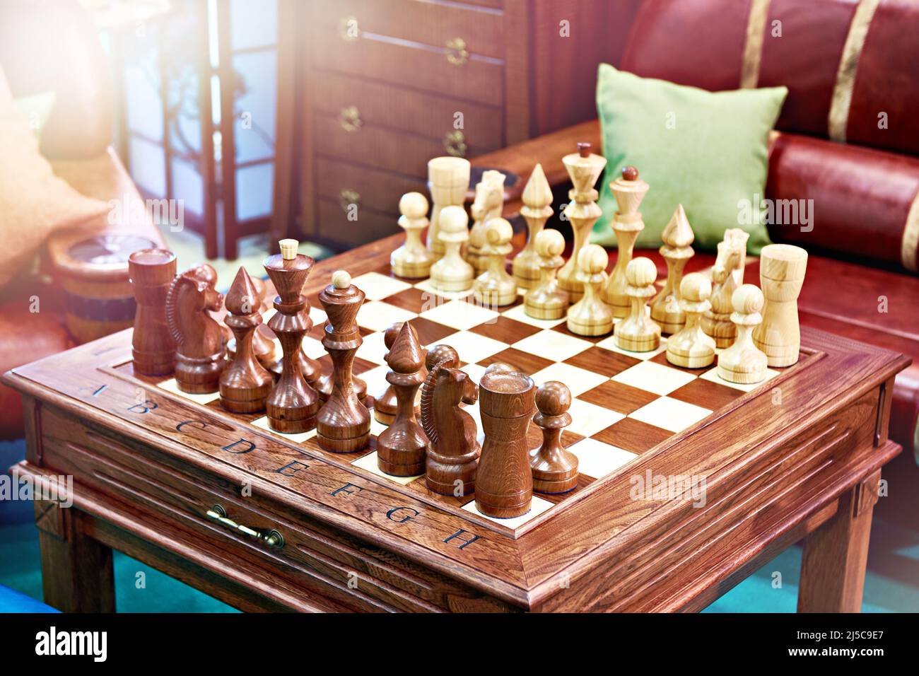 Chess on a vintage wooden table Stock Photo