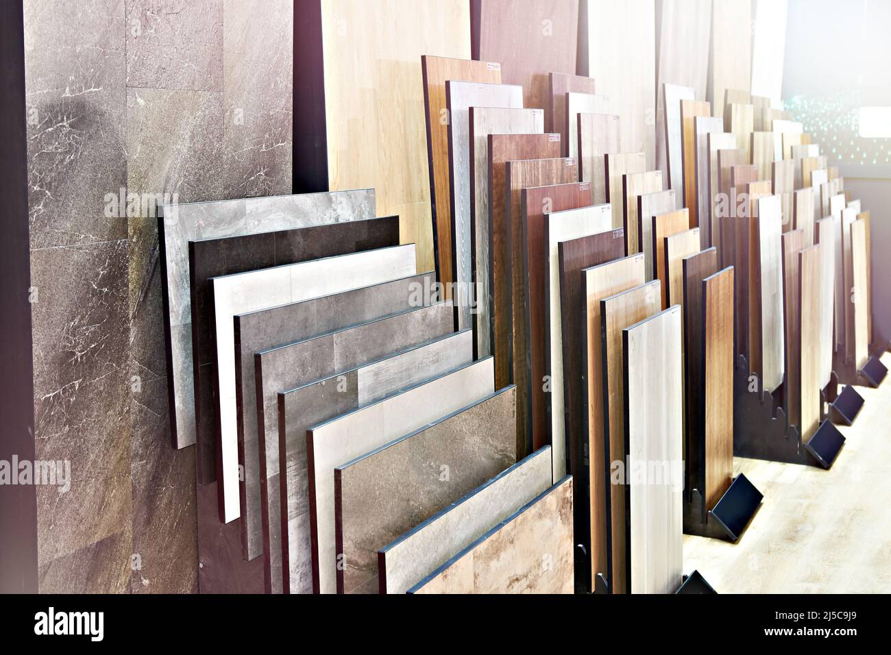 Decorative wooden panels on the floor and walls in the store Stock Photo