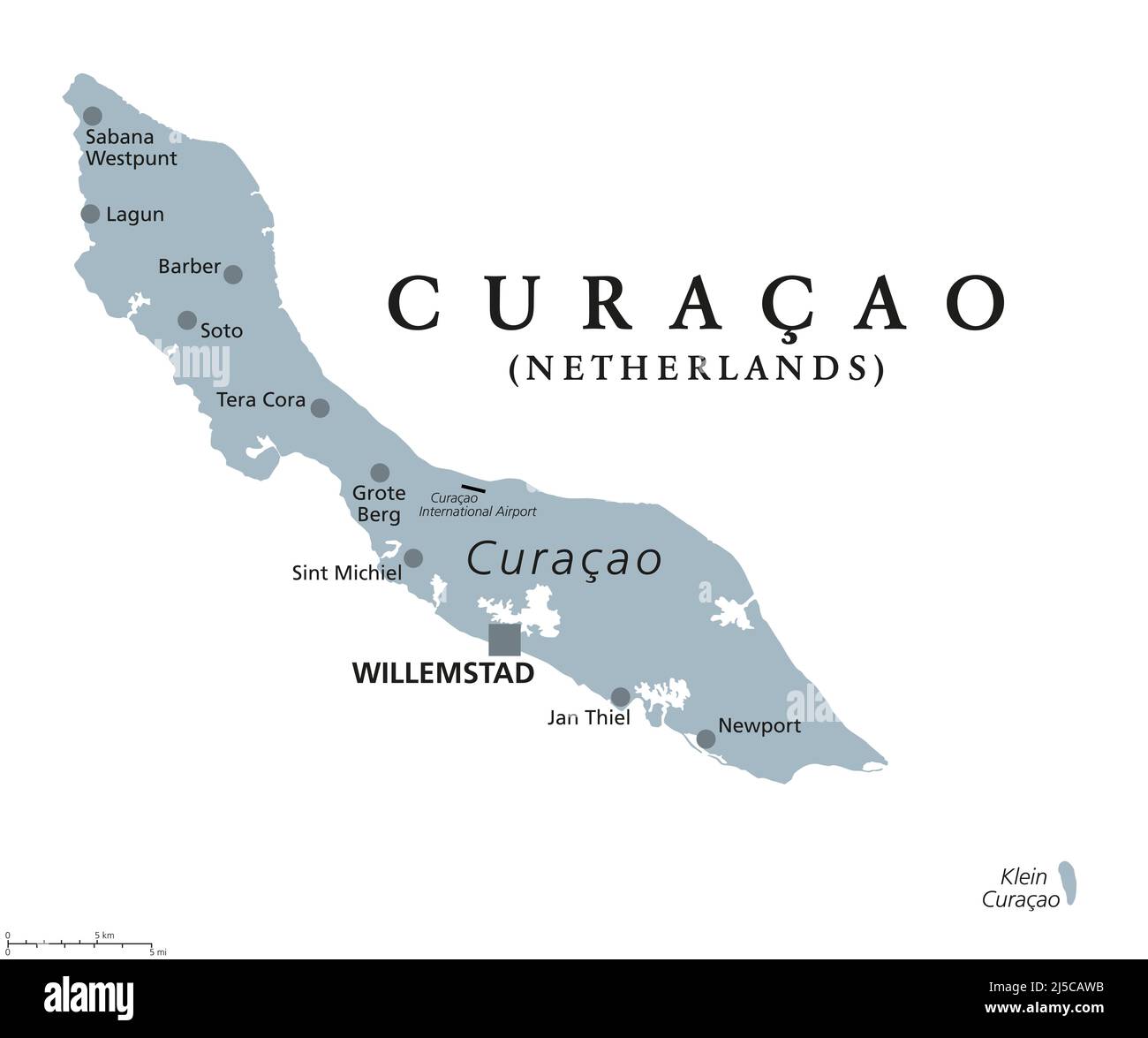 Curacao, gray political map. Island in the Leeward Antilles in the Caribbean Sea with capital Willemstad. Lesser Antilles island country. Stock Photo