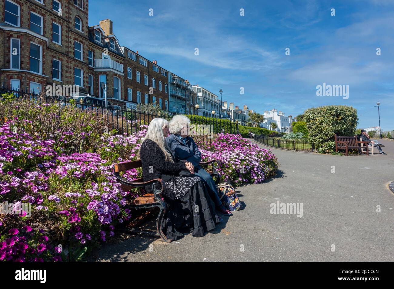 Elderly Ladies,Enjoying Spring Sunshine,Victoria Gardens,Broadstairs,Seafront,Thanet,Kent Stock Photo