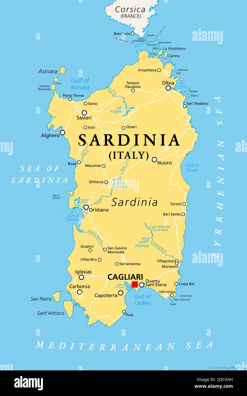 Sardinia, Italian island, political map with capital Cagliari. Sardegna, Autonomous Region of Sardinia, 2nd-largest island in the Mediterranean Sea. Stock Photo