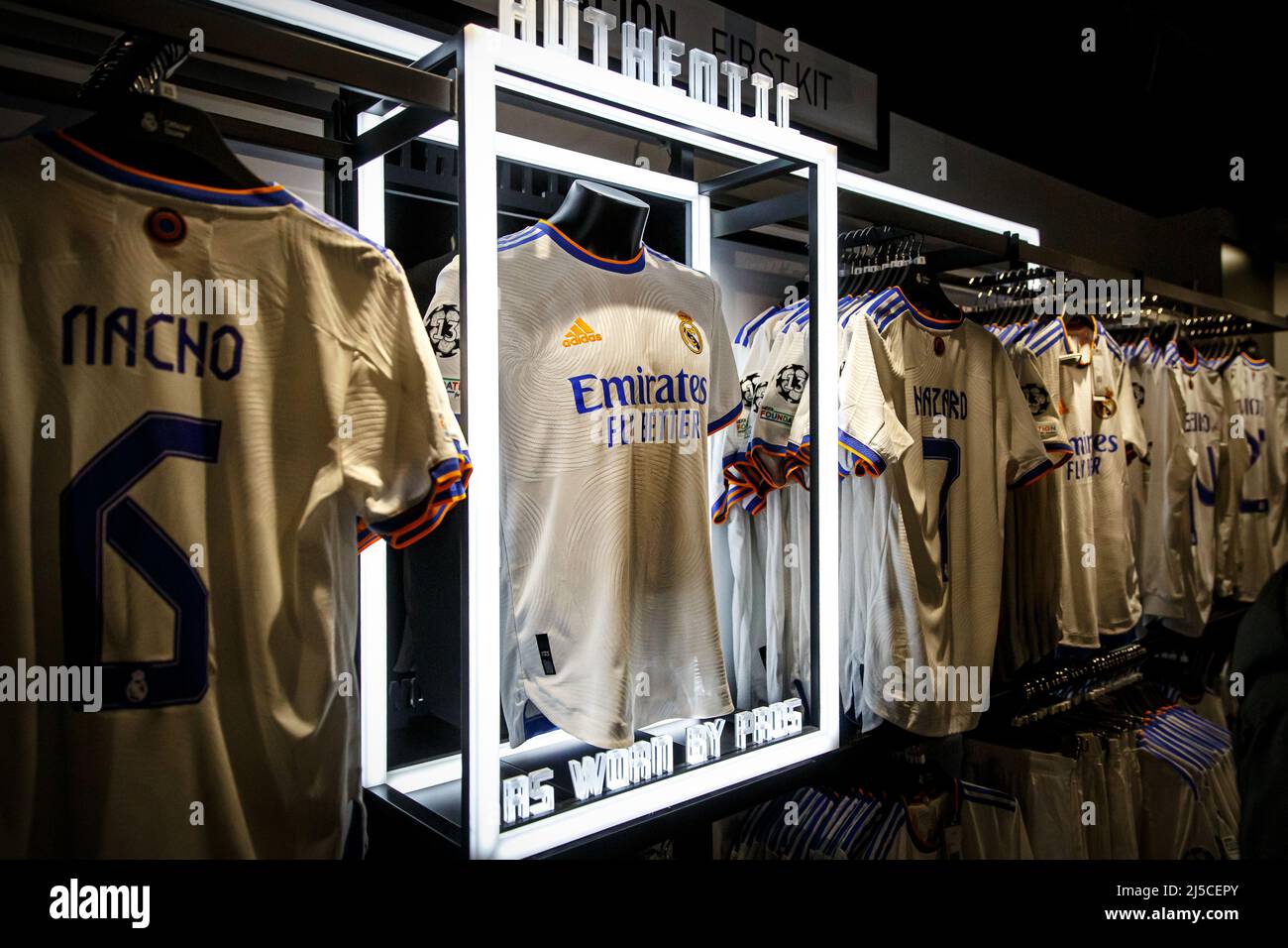Real Madrid kit in the fan shop. Club store with team shirts Stock Photo -  Alamy