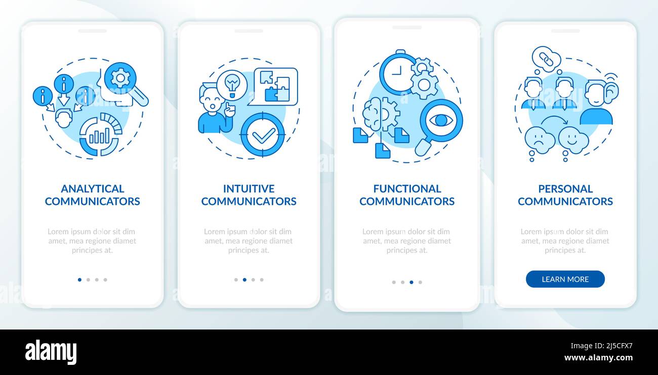 Common types of communicators blue onboarding mobile app screen Stock ...