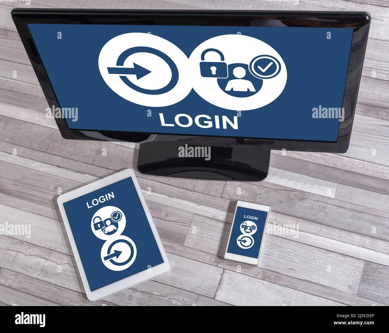 Login concept shown on different information technology devices Stock