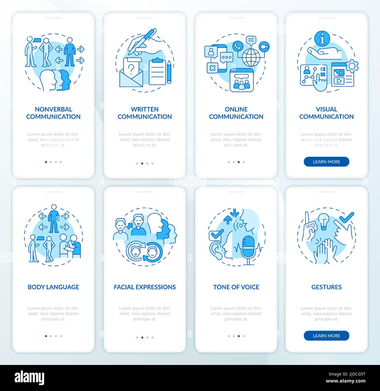 Communication skills development blue onboarding mobile app screen set ...