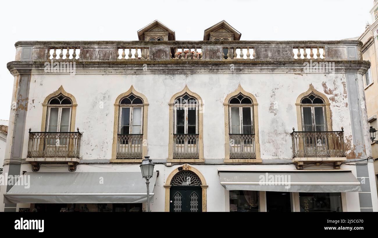 White façade-two story Neoclassical house-Praça Luis de Camoes Square. Lagos-Portugal-221 Stock Photo