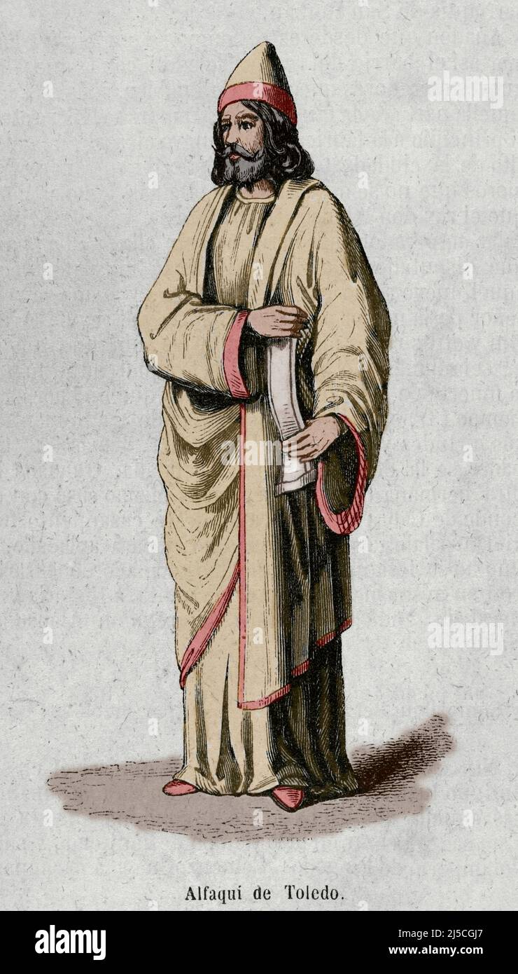 History of Spain. Al Andalus. Faqih. Islamic jurist and expert in Fiqh or Islamic jurisprudence. Faqih from Toledo. Engraving. Later colouration. Historia General de España by Father Mariana. Madrid, 1852. Stock Photo