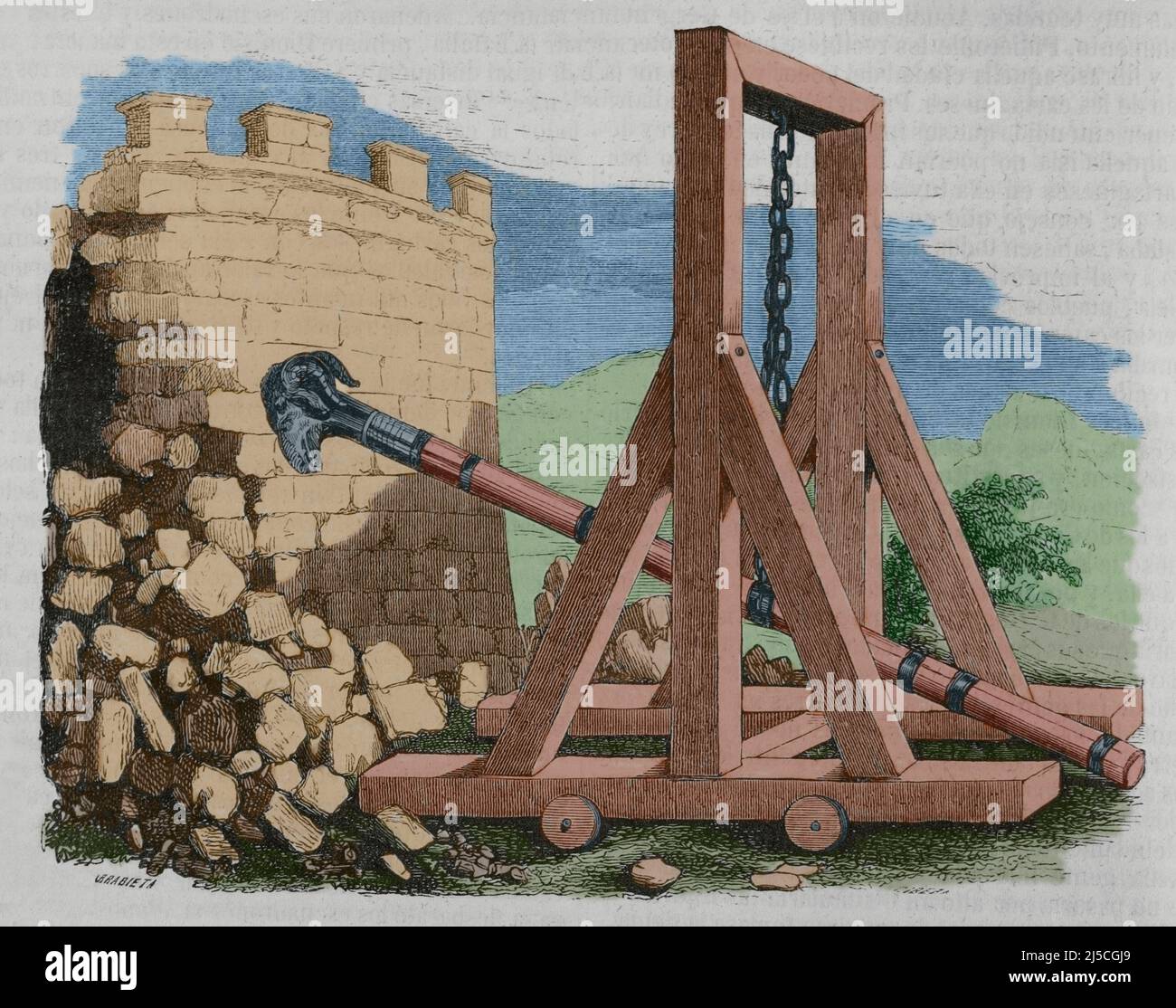 Ancient history. Battering ram. Siege weapon used to break open the masonry walls of fortifications or splinter their wooden gates. Engraving. Later colouration. Historia General de España by Father Mariana. Madrid, 1852. Stock Photo